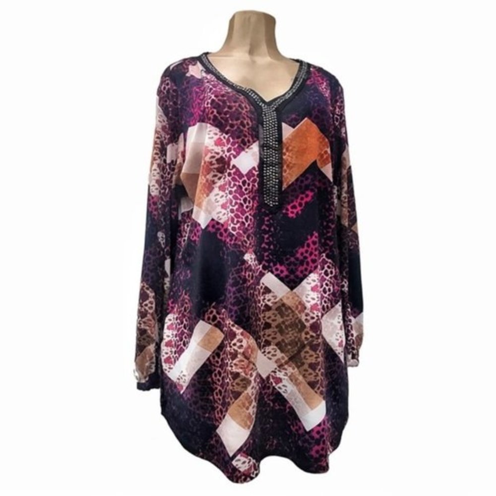 NY Collection Long Sleeve Purple Beaded Blouse